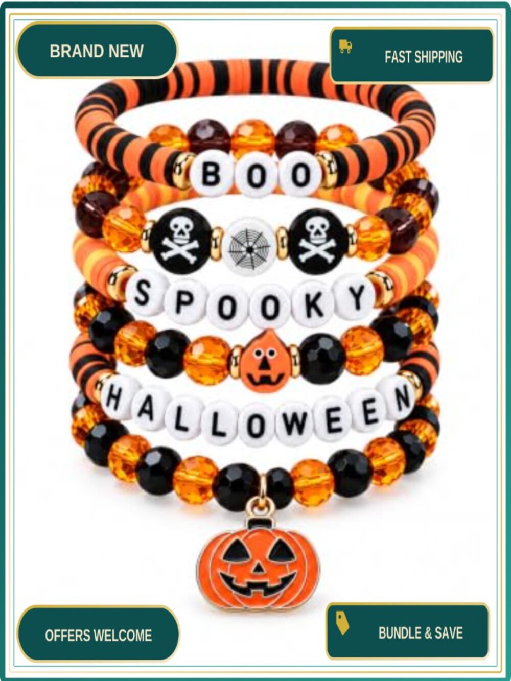 Halloween Beaded Stretch Bracelet Set Stackable Charm Jewelry Gift